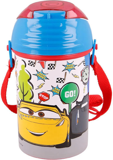 Stor Pop Up Flip Kids Water Bottle Disney Cars Plastic with Straw Light Blue 450ml