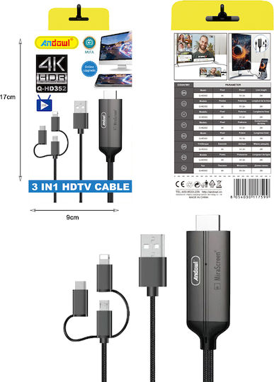 Andowl Q-hd352 Cable HDMI male - USB-A female / USB-C male 1m Μαύρο