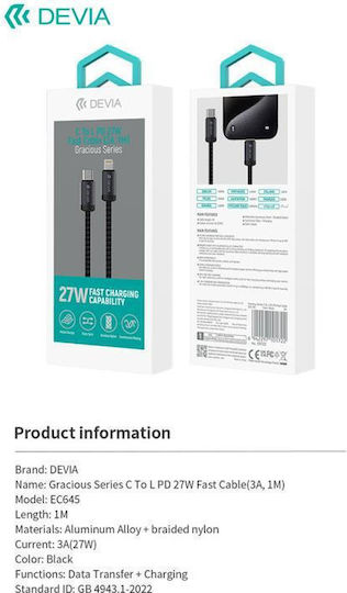 Devia Regular la Cablu Lightning 27W Negru 1m (EC645)