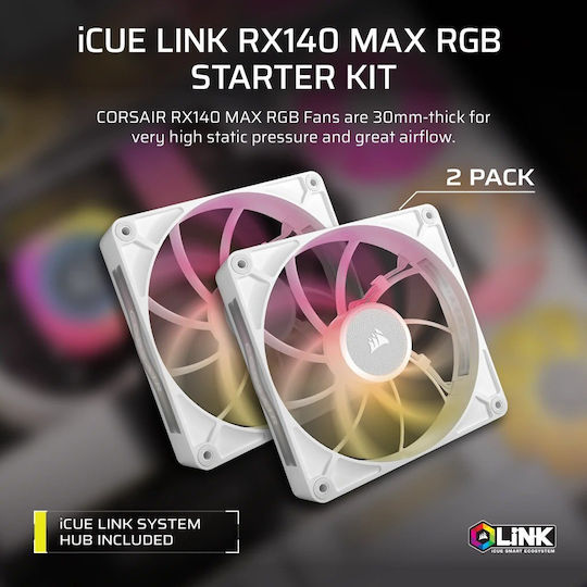 Corsair iCUE LINK RX140 MAX Case Fans (1600rpm / 102.9cfm) with RGB Lighting and 4-Pin PWM Connection 2pcs White