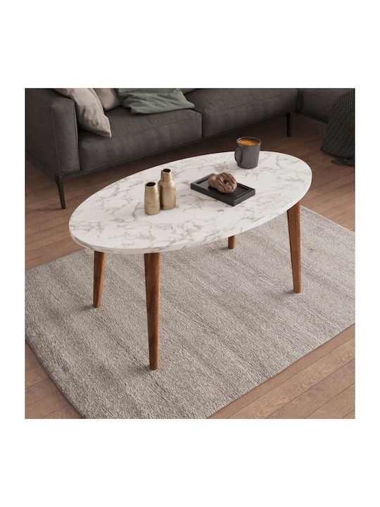 Oval Coffee Table Vital Wooden Λευκό Μάρμαρο - Καρυδί L90xW50xH42cm.