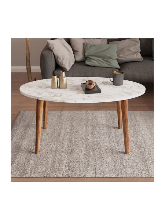 Oval Central Coffee Table Vital Wooden White Marble - Walnut W90xD50xH42cm