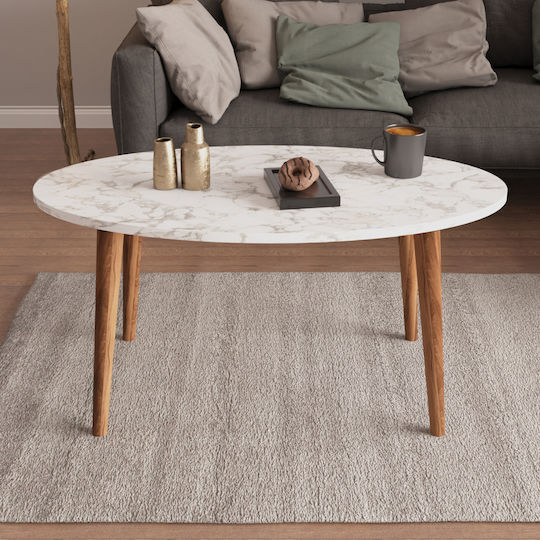 Oval Central Coffee Table Vital Wooden White Marble - Walnut W90xD50xH42cm