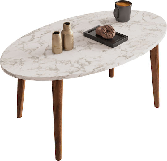 Oval Central Coffee Table Vital Wooden White Marble - Walnut W90xD50xH42cm
