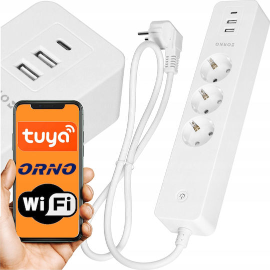 Orno Tuya Καλωδιο Smart Πολύπριζο 3 Θέσεων με 2 USB-A