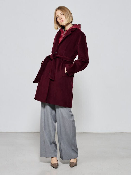 Women's Burgundy Coat with Buttons