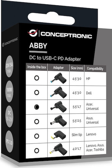 Conceptronic Конвертор USB-C / DC мъжки към USB-C / DC женски Черен 1бр