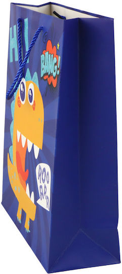 Pungă cadou din hârtie cu dinozaur albastru 32cm X 26cm X 10cm