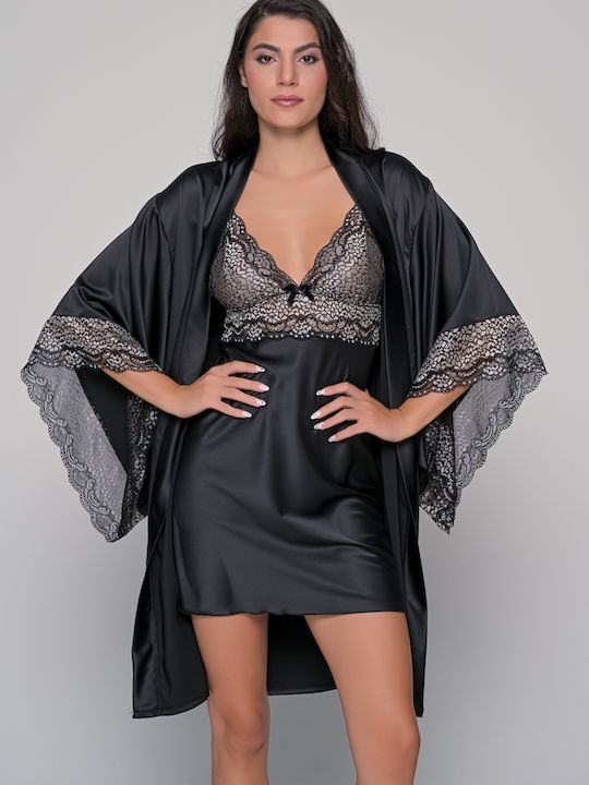 Milena by Paris Winter Women's Satin Robe with Nightdress Black