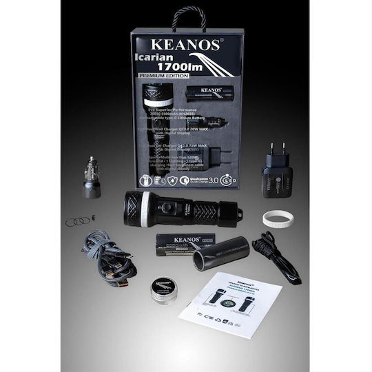 Keanos Επαναφορτιζόμενος Φακός LED IPX8 με Μέγιστη Φωτεινότητα 1700lm Icarian (Premium Edition)