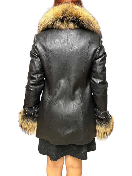 Leather Women's Black Coat with Fur Details