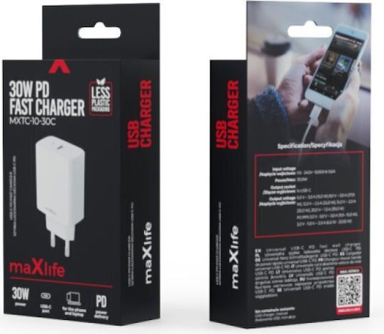 Maxlife Φορτιστής Χωρίς Καλώδιο με Θύρα USB-C 30W Power Delivery / Quick Charge 3.0 Λευκός (MXTC-10-30C)