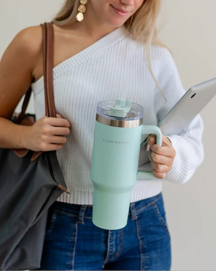 Flamingueo Handled Tumbler Θερμός Ανοξείδωτο 1.18lt Τιρκουάζ με Καλαμάκι και Λαβή