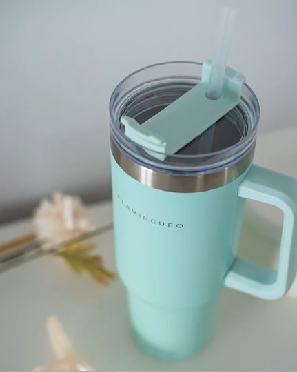 Flamingueo Handled Tumbler Θερμός Ανοξείδωτο 1.18lt Τιρκουάζ με Καλαμάκι και Λαβή