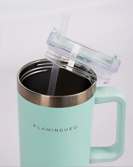 Flamingueo Handled Tumbler Θερμός Ανοξείδωτο 1.18lt Τιρκουάζ με Καλαμάκι και Λαβή