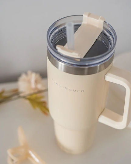 Flamingueo Handled Tumbler Θερμός Ανοξείδωτο 1.18lt Μπεζ με Καλαμάκι και Λαβή