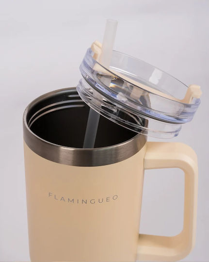 Flamingueo Handled Tumbler Θερμός Ανοξείδωτο 1.18lt Μπεζ με Καλαμάκι και Λαβή