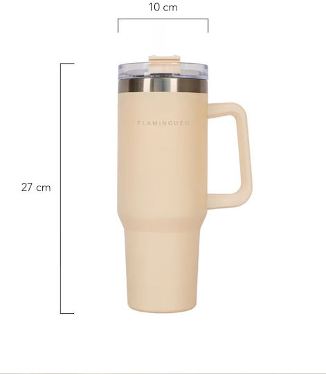 Flamingueo Handled Tumbler Θερμός Ανοξείδωτο 1.18lt Μπεζ με Καλαμάκι και Λαβή