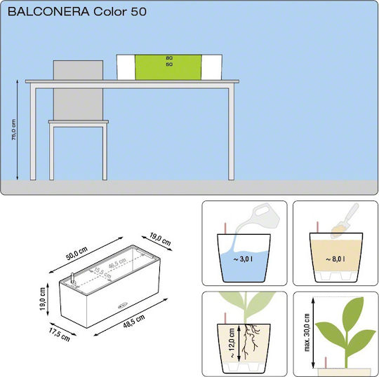 Lechuza Balconera Selbstbewässernd Blumenkasten Kunststoff Weiß 50x19x19cm.