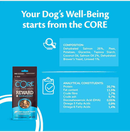 Wellness Core Reward + Skin and Coat Dog Treat Grain Free with Salmon 170gr