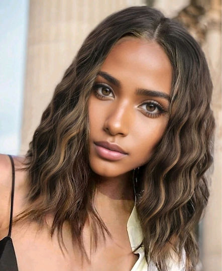 Women's Wig Wavy Brown Highlights High-Quality Synthetic Front Lace Transparency 14 Inches