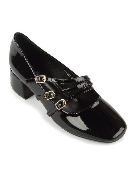 Fshoes Patent Leather Black Heels with Strap