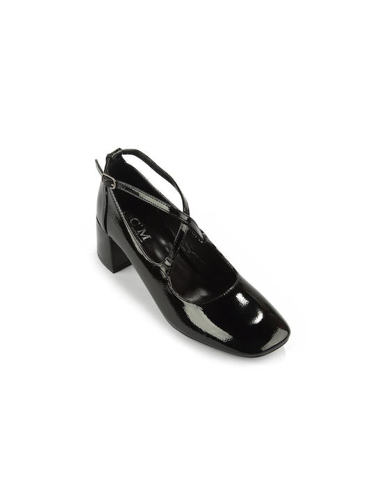 Fshoes Patent Leather Black Heels with Strap