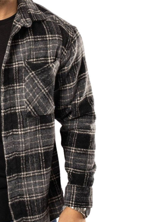 Long Sleeve Flannel Overshirt in Regular Fit Checked Pattern 7213-1-Black