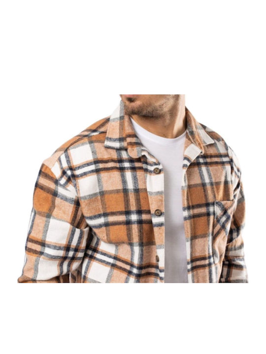 Long Sleeve Flannel Overshirt in Regular Fit Checked Taupe