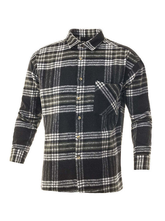 Long Sleeve Flannel Overshirt in Regular Fit Checked Black