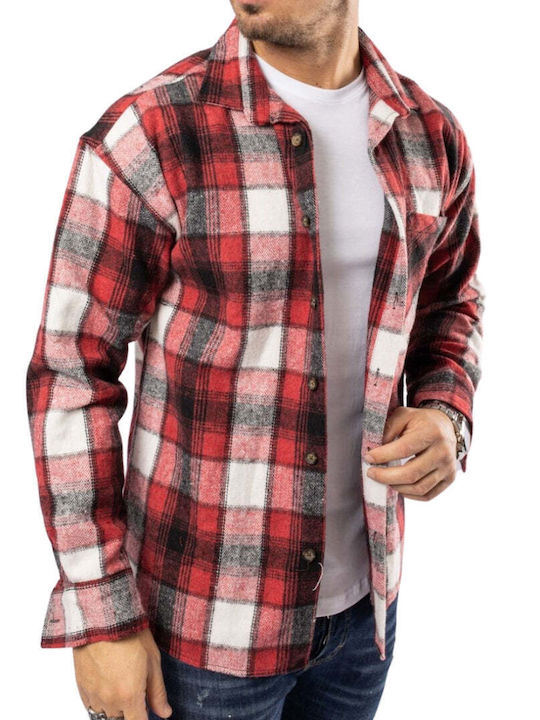 Long Sleeve Flannel Overshirt in Regular Fit Checked Pattern 7214-1-Red