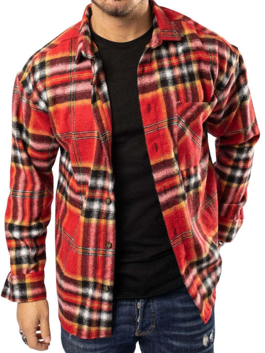 Long Sleeve Flannel Overshirt In Regular Fit Checked Red