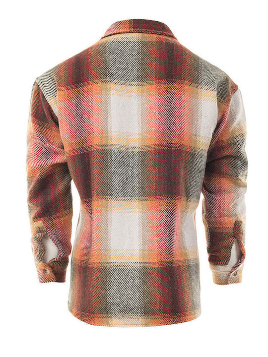 Long Sleeve Flannel Overshirt in Regular Fit Checked Pattern Orange