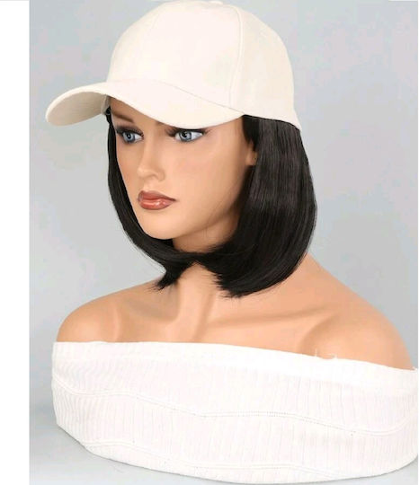 Women's Beige Hat with Integrated Black Hair Extensions