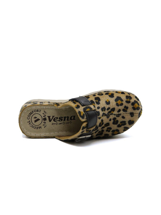 Vesna Damen Leder Anatomisch Clogs Λεοπάρ