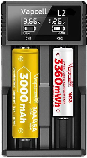 Vapcell L2 USB Зарядно 2 за батерии Li-ion/Ni-Cd/Ni-MH Размер AA/AAA/18650/21700/16340/26650/14500 в Черен цвят