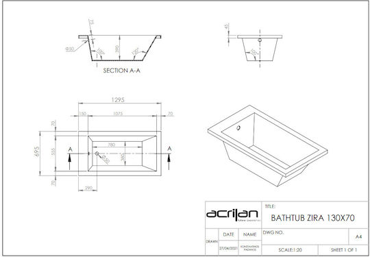 Acrilan Zira Acrylic Bathtub with Hydromassage 130x70cm