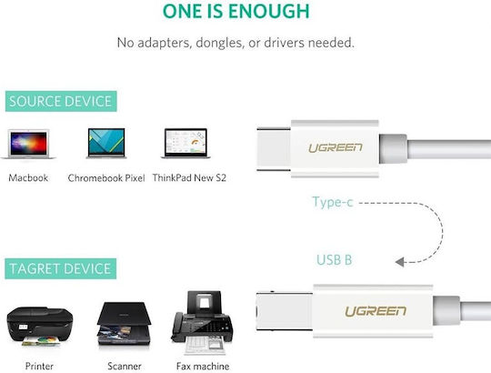 Ugreen US241 USB 2.0 Cable USB-C male - USB-B Λευκό 1.5m 40417