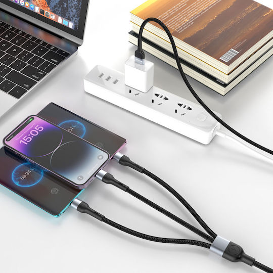 Braided Cablu USB la Lightning / Type-C cu mai multe porturi 2.4A Negru 1m (40518)