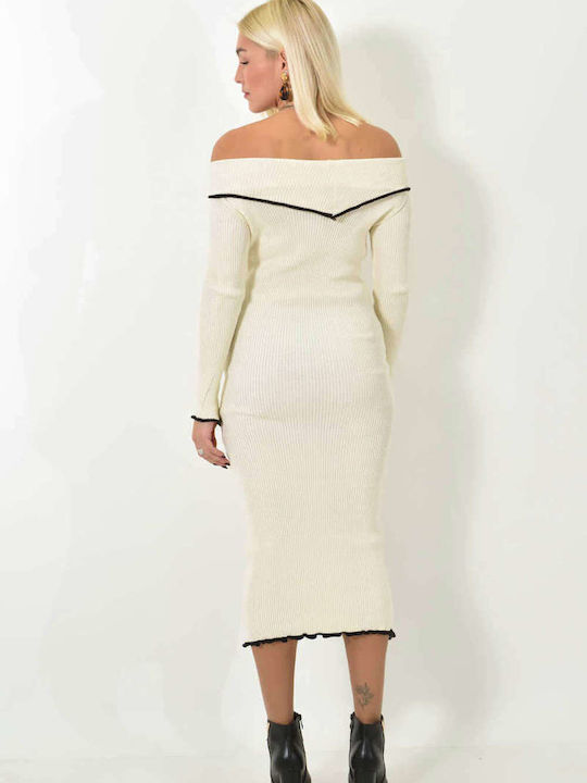 Midi Βραδινό Φόρεμα Strapless Εκρού