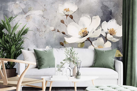 Tapet mural floral pentru living cu flori de magnolie albă 197x296