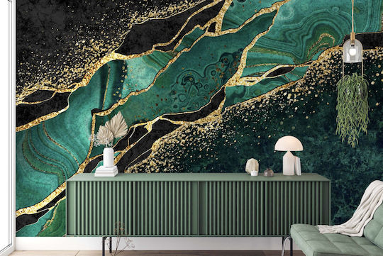 Fototapet Cameră de Zi Glamour Furnir Marmură Aurie Decorațiune Perete 240x360