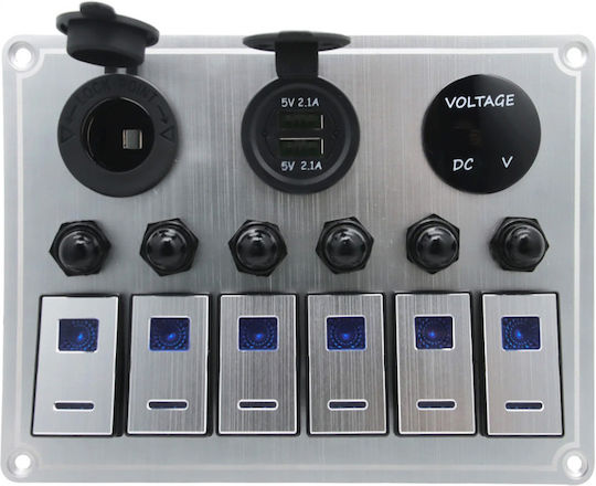 Waterproof Metal Panel for Boat Car Truck 12v 24v 6 Switches 2 X USB Ports Lighter Socket Voltmeter Blue Lighting
