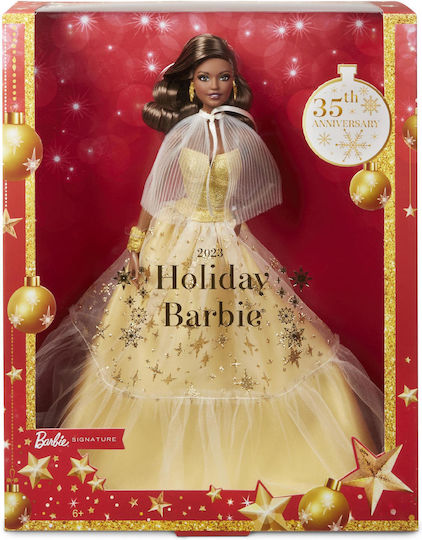 Barbie 2023 Holiday Golden Gown and Dark Brown Hair Collectible Doll for 6++ Years