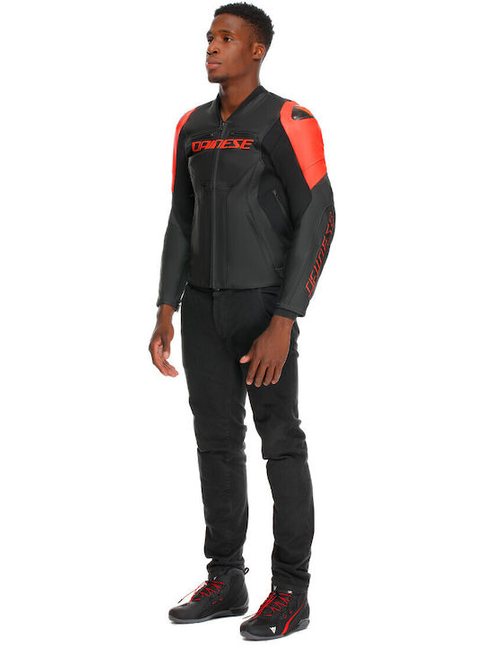 Dainese Racing 5 Sommer Herren Motorradjacke Leder Black/Black/Red-Fluo