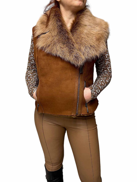 Women's Sleeveless Short Fur Λαδί, Ταμπά