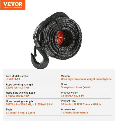 Συνθετικό Σχοινί Βίντσι Vevor 1/2" X 92' 32,000 Lbs Προστατευτικό Κάλυμμα + Γάντζο + Ιμάντα Κατάλληλο Suv Οχήματα Εκτός Δρόμου Φορτηγά Hcjpsjyx12in5pyekv0