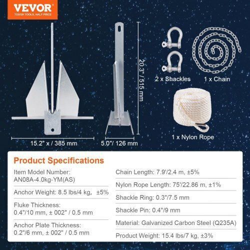 Vevor Fluke Anchor Set 3.9 Kg Chain 2.4 M Rope 22.8 M Two Bags 1 Cm Boats Up to 5.5 M Flkmyjtdxg85ow4wuv0