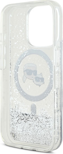 Karl Lagerfeld Flüssiges Glitzer Karl Choupette Köpfe Magsafe Hülle iPhone 16 Pro Transparent