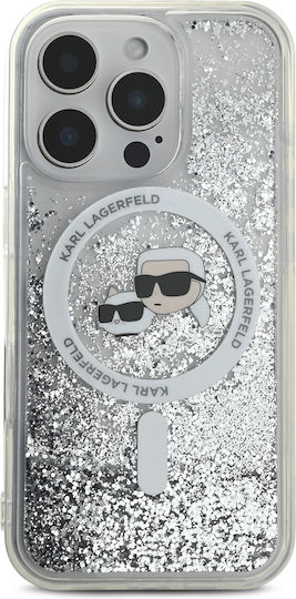 Karl Lagerfeld Flüssiges Glitzer Karl Choupette Köpfe Magsafe Hülle iPhone 16 Pro Transparent